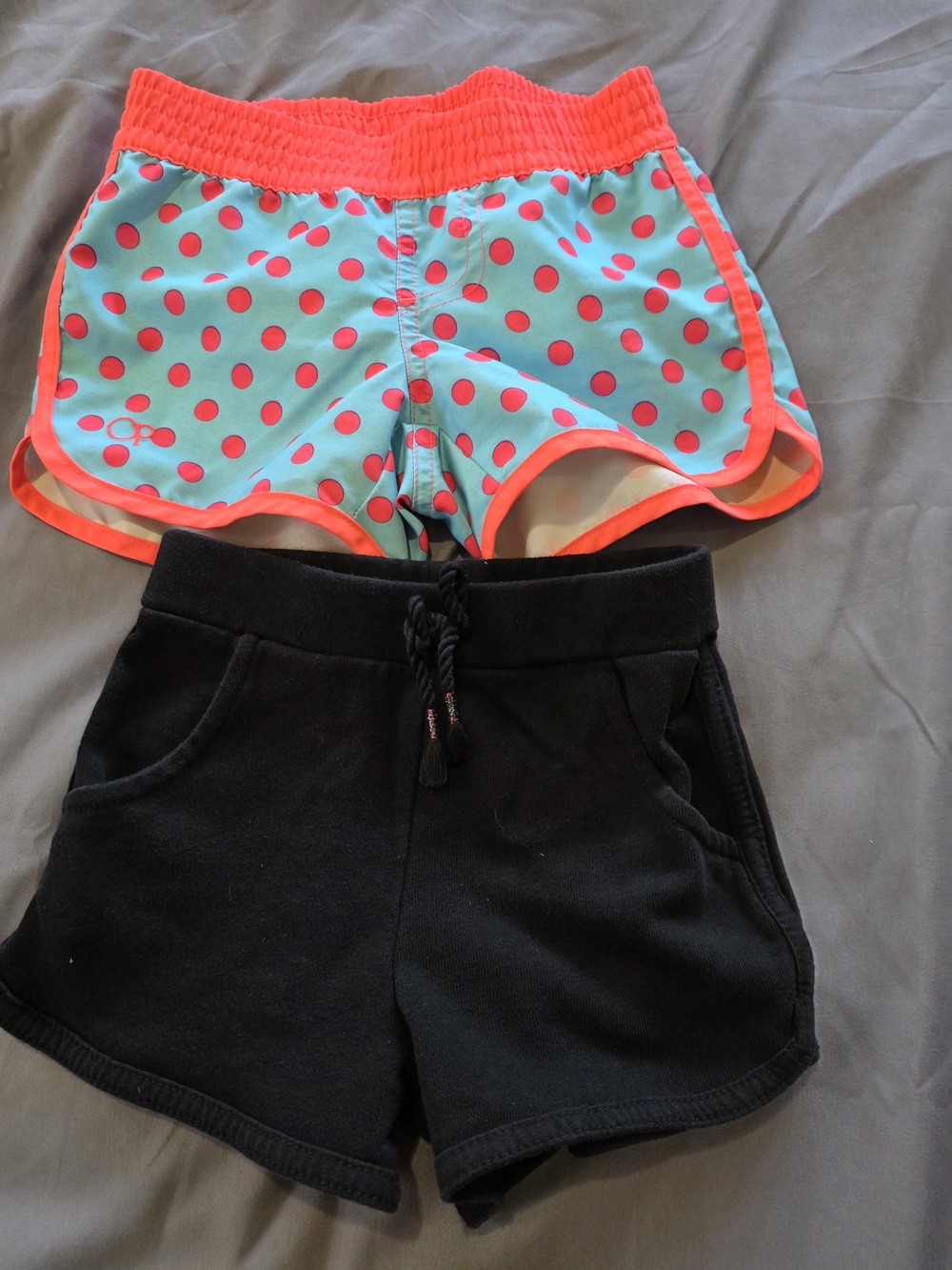 OP Aqua Polka Dot Shorts with Neon Coral Trim & Black Cotton Shorts
